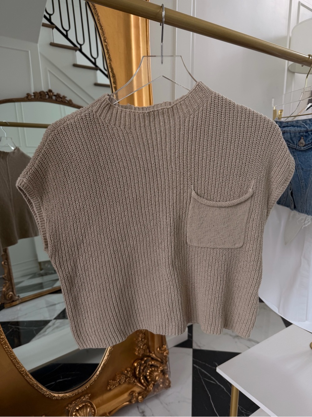 Free People Taupe Boxy Knit Pocket Vest